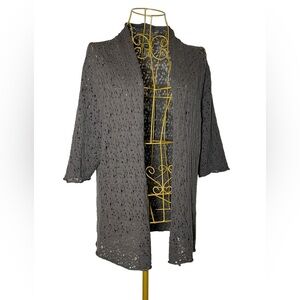 Eileen Fisher Wool Brown Crocheted Lightweight Open Cardigan w/ Elbow Sleeves XL